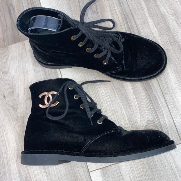 CHANEL Shoes - Chanel CC logo black velvet lace up booties boots size 38 8